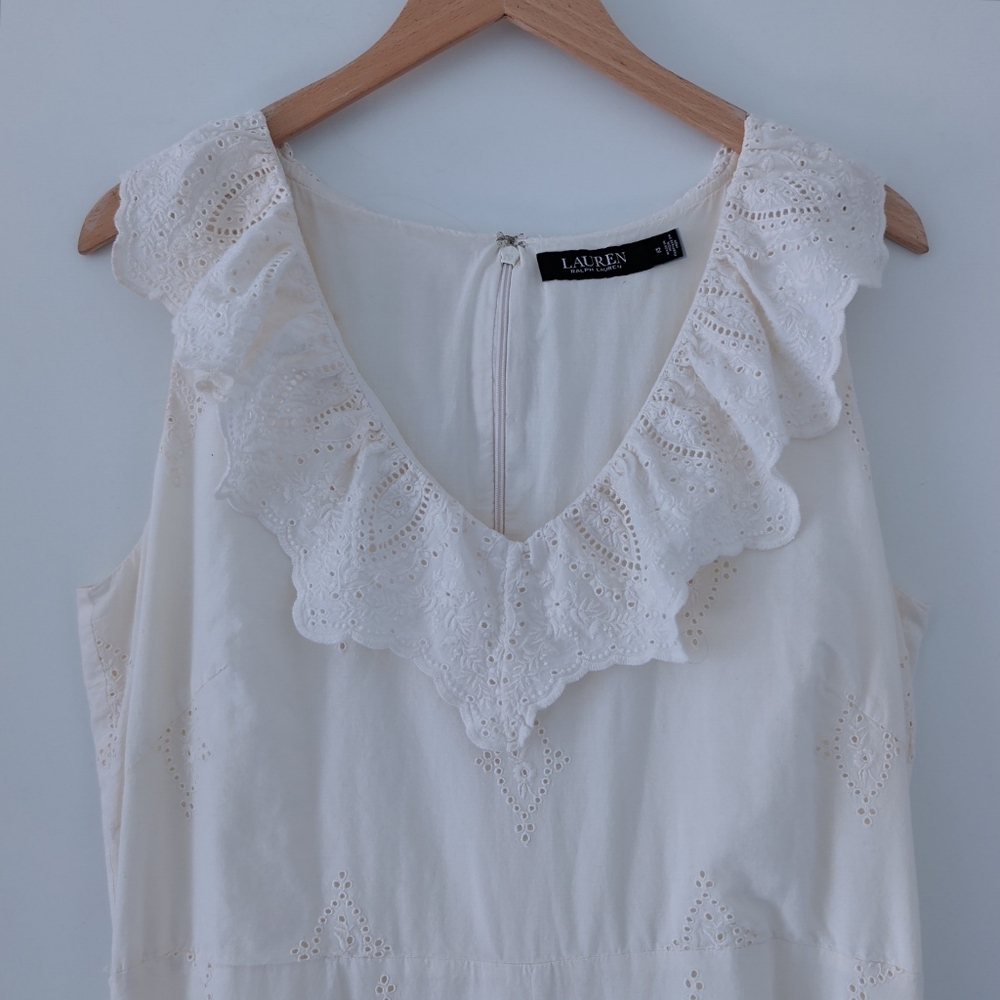 LAUREN Ralph Lauren White Eyelet Ruffle Sleeveless Midi Dress Size 12 Made India - Picture 6 of 15